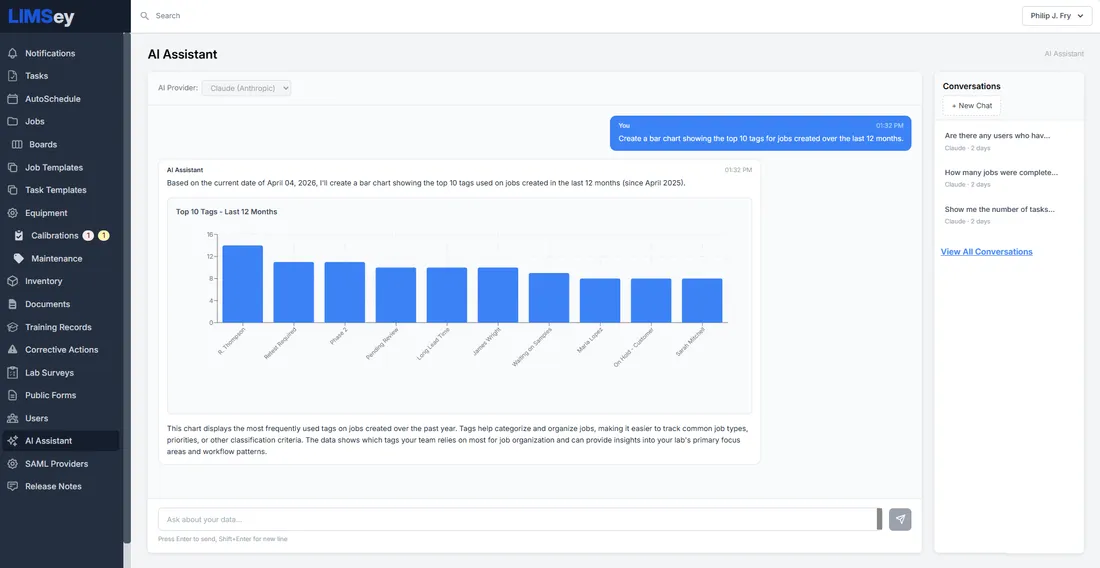 LIMSey AI Assistant answering a question about lab data