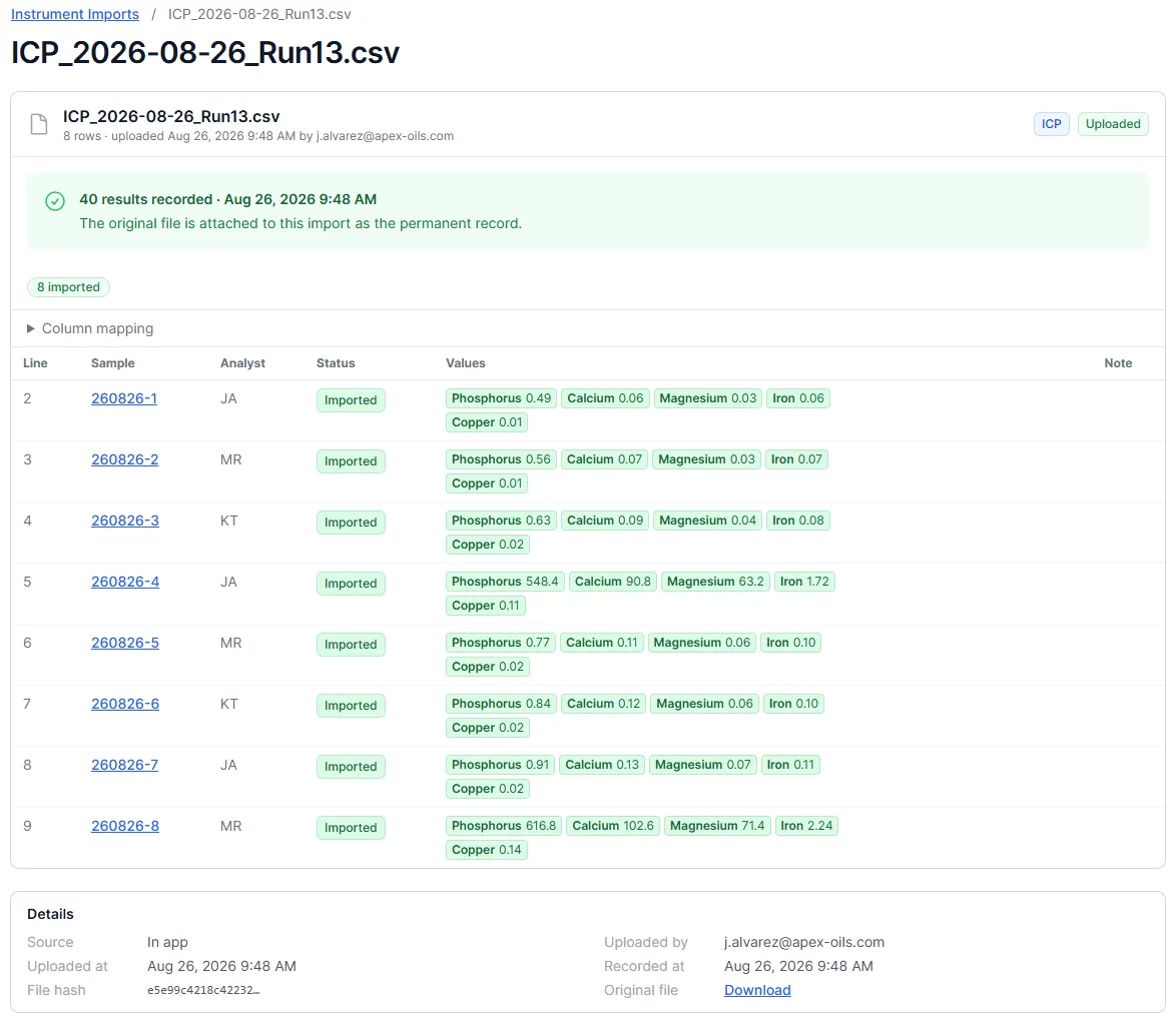 A completed import: 40 results recorded, the original file attached to this import as the permanent record, every row marked Imported, and a details panel with source, uploader, timestamps, file hash, and a download link for the original file