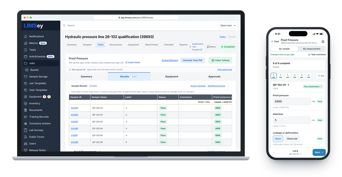 The same LIMSey task on a laptop, as a results table, and on a phone, as a one-sample-at-a-time entry form